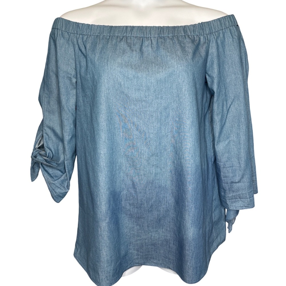 Modern Citizen Womens Blue Chambray Off Shoulder Tie Sleeve Top M Coastal Boho